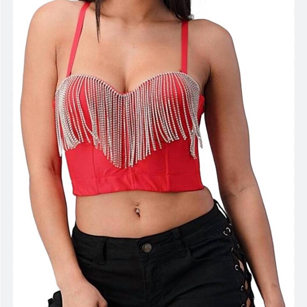 Red Rhinestone Embellished Crop Top